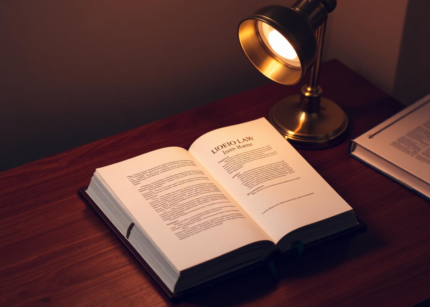 Open leather-bound law book on a warm oak desk